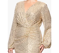 Betsy & Adam Plus Sequin V-Neck Long Bell Sleeves Dress