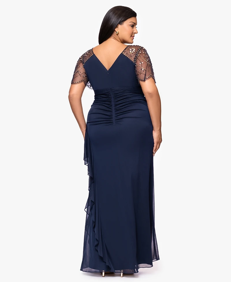 Xscape Plus Beaded Flutter Short Sleeves Sheath Dress