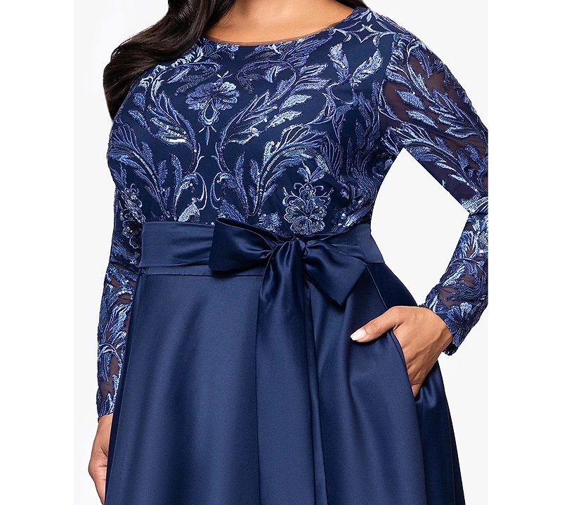 Xscape Plus Sequin Mesh Detail Long Sleeves Dress