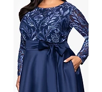 Xscape Plus Sequin Mesh Detail Long Sleeves Dress