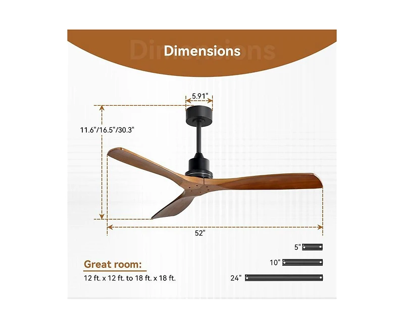 52-inch Modern Black 3 Blades Walnut Ceiling Fan with 6 Speed Remote control and Timing and Forward Reverse Rotation Function for Indoor