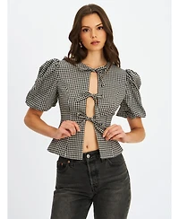 Miss Circle Women's Qusayla Black Gingham Bubble Sleeve Bowtie Top