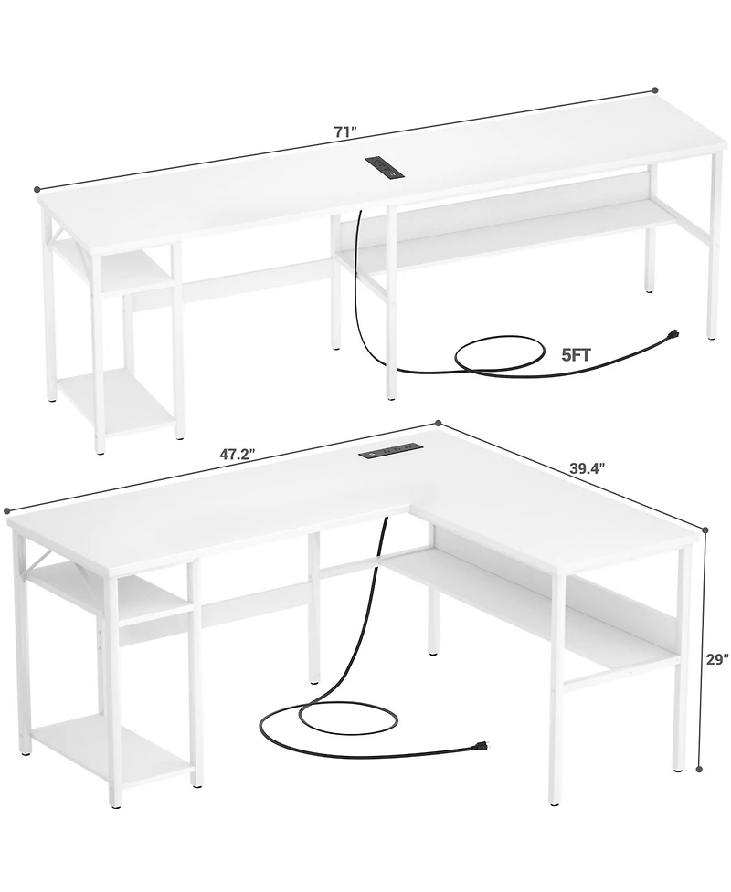 47.2'' L-Shaped Desk with Power Outlet and Shelf, Reversible