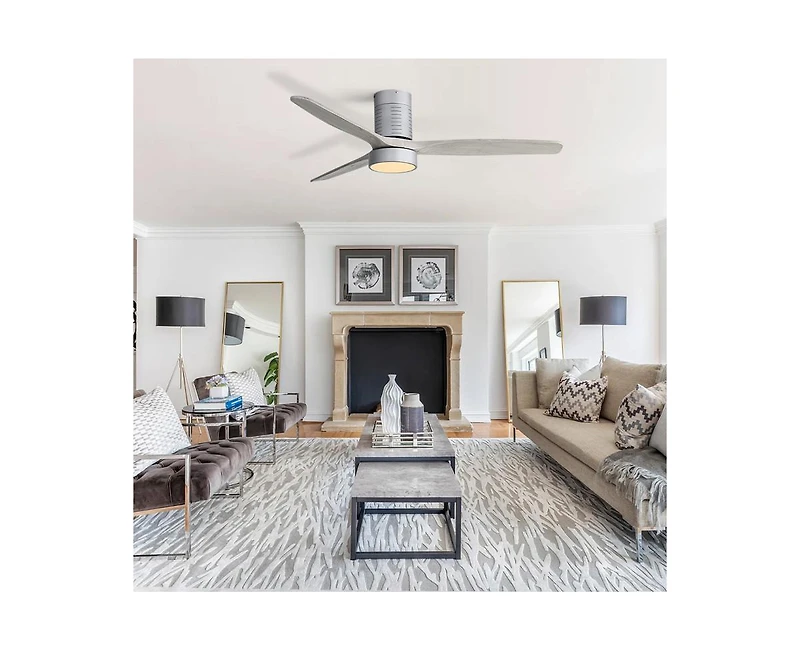 52-inch Modern Silver 3-Blade Flush Mount Fans Supports Remote Control 6-Speed Arbitrary Adjustment and Timing Function