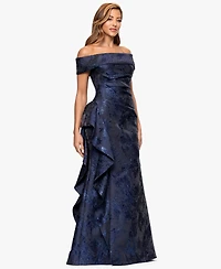 Xscape Petite Long Off-The-Shoulder Brocade Side Ruffle Gown