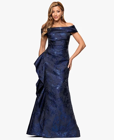 Xscape Petite Long Off-The-Shoulder Brocade Side Ruffle Gown