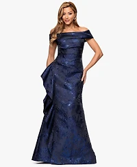 Xscape Petite Long Off-The-Shoulder Brocade Side Ruffle Gown
