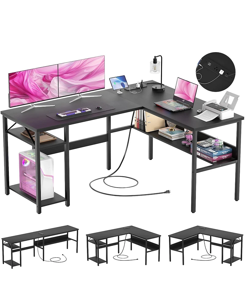 47.2'' L-Shaped Desk with Power Outlet and Shelf, Reversible