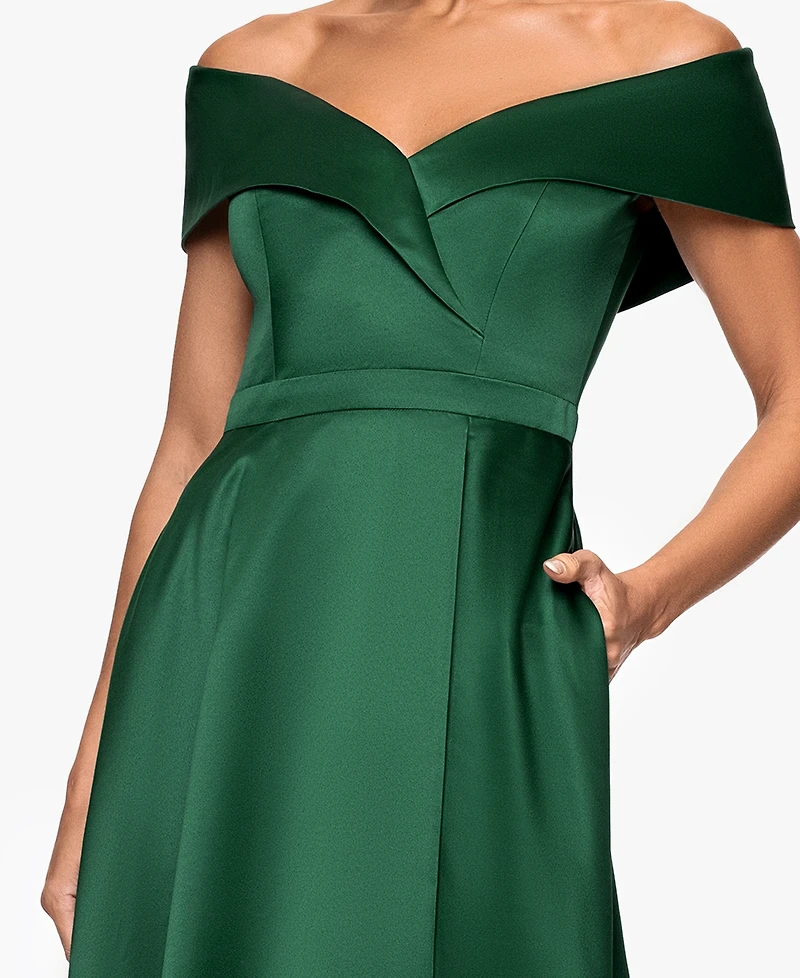 Xscape Petite Long Satin Off-The-Shoulder A-Line Gown