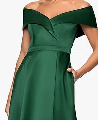 Xscape Petite Long Satin Off-The-Shoulder A-Line Gown