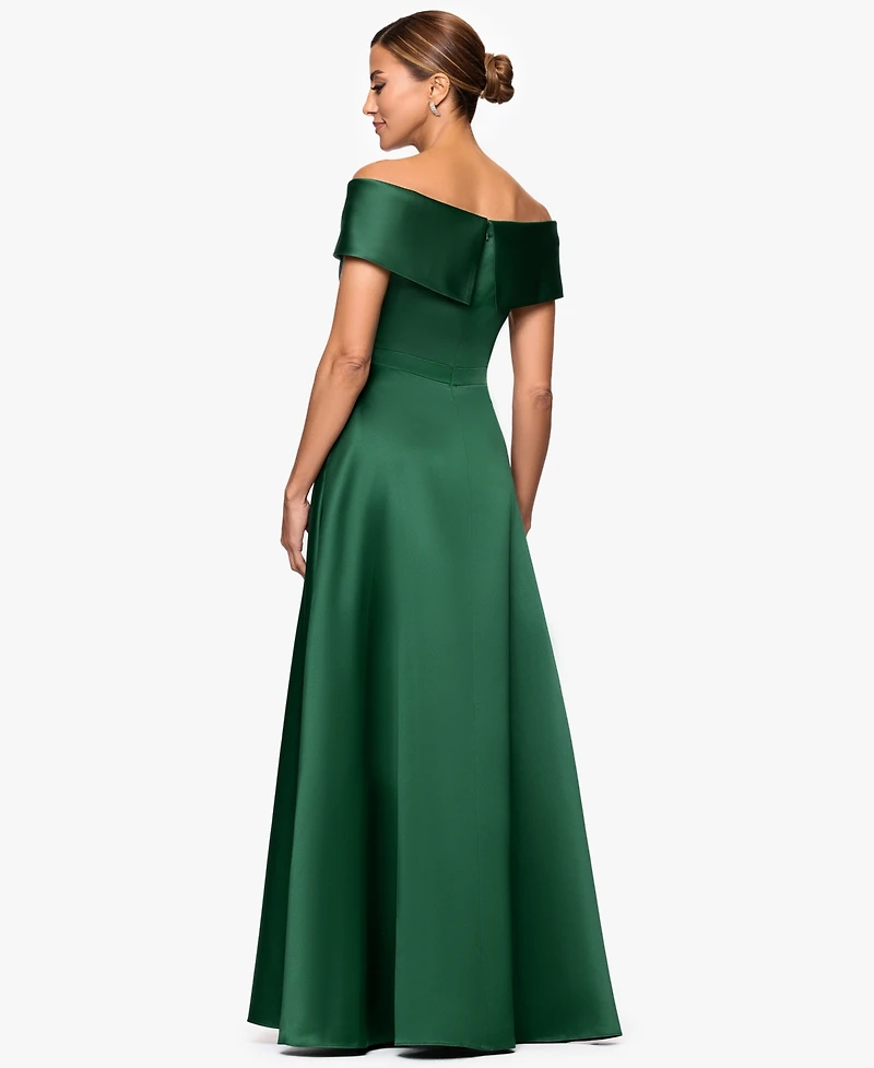 Xscape Petite Long Satin Off-The-Shoulder A-Line Gown