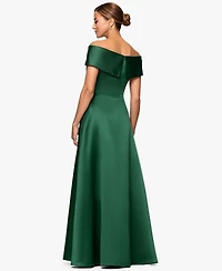 Xscape Petite Long Satin Off-The-Shoulder A-Line Gown