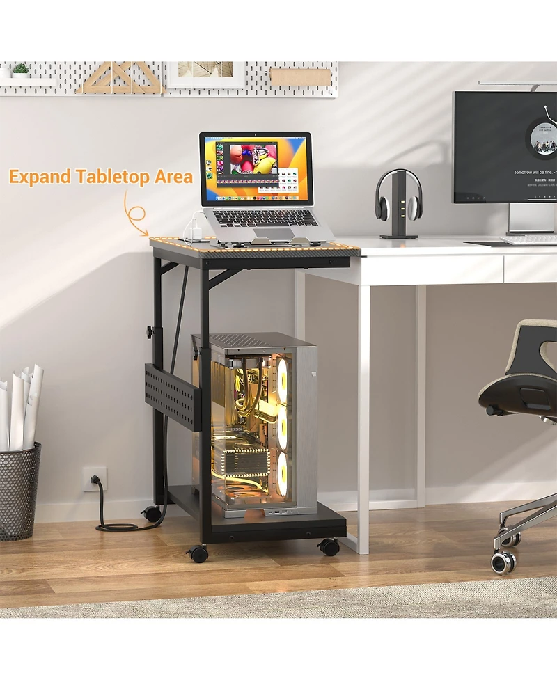 Height Adjustable Computer Tower Stand with Charging Station, Mobile Rolling Cpu Holder Wheels