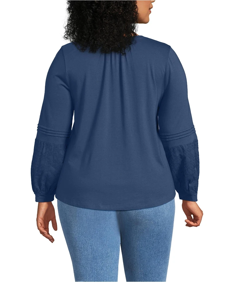 Lands' End Plus Lightweight Jersey Lace Mix Long Sleeve Pintuck Top