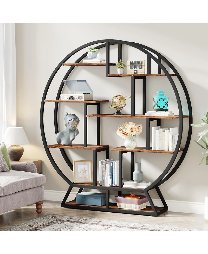 Tribesigns Bookshelf, Round Bookshelves Etagere Bookcase, 63 Inch Industrial Wood Book Shelf with Staggered Shelves, Rustic Open Shelving Organizer Ra