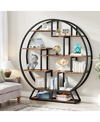 Tribesigns Bookshelf, Round Bookshelves Etagere Bookcase, 63 Inch Industrial Wood Book Shelf with Staggered Shelves, Rustic Open Shelving Organizer Ra