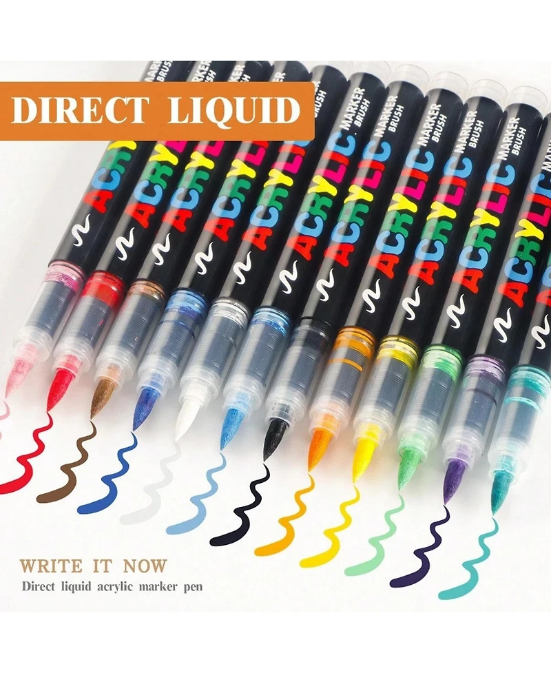 Htutwoo 12 Vivid Colors, Acrylic Paint Markers Brush Tip, with Direct-Liquid Ink System,for Rock Painting, Plastic, Fabric and Creative Crafts
