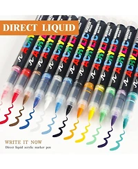 Htutwoo 12 Vivid Colors, Acrylic Paint Markers Brush Tip, with Direct-Liquid Ink System,for Rock Painting, Plastic, Fabric and Creative Crafts