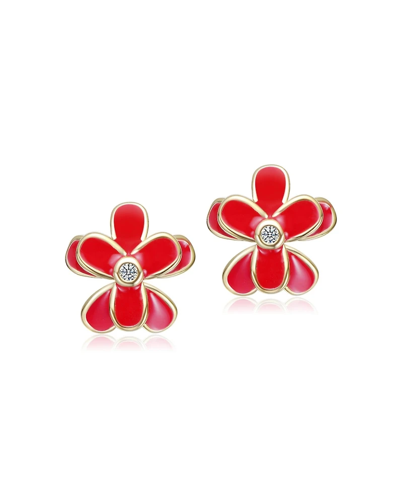 GiGiGirl 14K Gold Plated with Red Enamel Flower & Clear Cubic Zerconia Stud Earrings