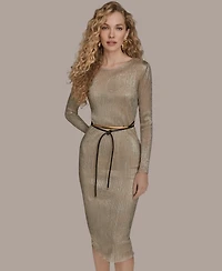 Donna Karan New York Women's Foil Mesh Belted Midi Dress