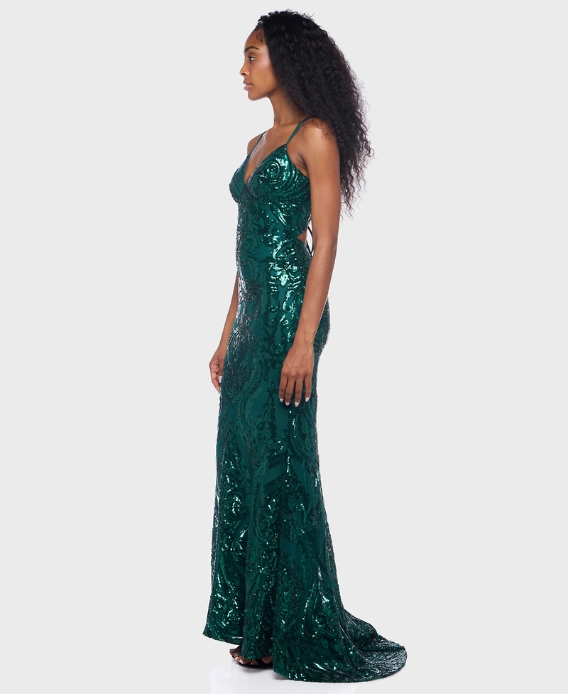 B Darlin Juniors' Sequin-Pattern Lace-Up V-Neck Gown, Created for Macy's