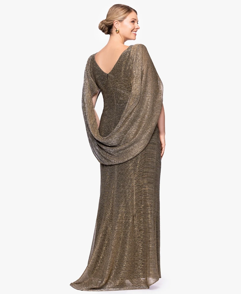 Betsy & Adam Plus Long Metallic Crinkle Sheath Dress