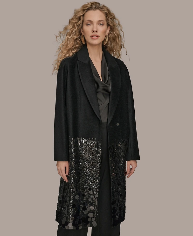 Donna Karan New York Women's Notched Collar Foil-At-Bottom Long Coat