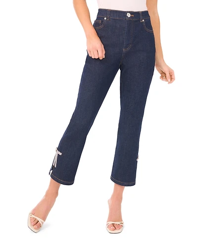CeCe Women's Cropped Flare Bow Detail Mid Rise Jeans
