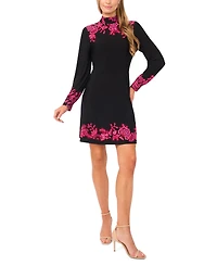 CeCe Women's Border Print Long Sleeve Mock Neck Mini Dress