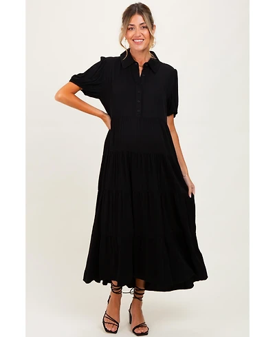 Pinkblush Maternity Black Collared Button Down Tiered Midi Dress