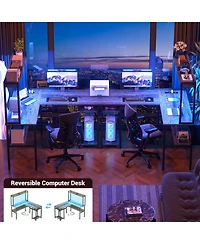 L Shaped Desk with Hutch, Led Lights, Reversible Corner Power Outlet