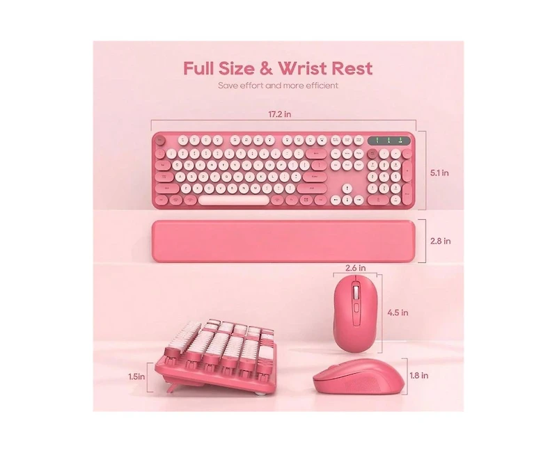 risokeys Wireless Keyboard and Mouse Combo - Round Keycaps, 2.4GHz Full-Size Keyboard with Detachable Wrist Rest, Sleep Mode Tilt, Pc