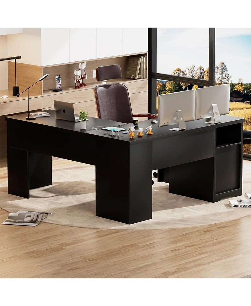 56'' Lift Top Computer Desk with Drawers and Power Outlets, Executive
