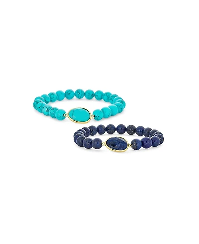 Bling Jewelry Set of 2 Boho Faceted Large Center Natural 8MM Ball Bead Stone Stretch Bracelet