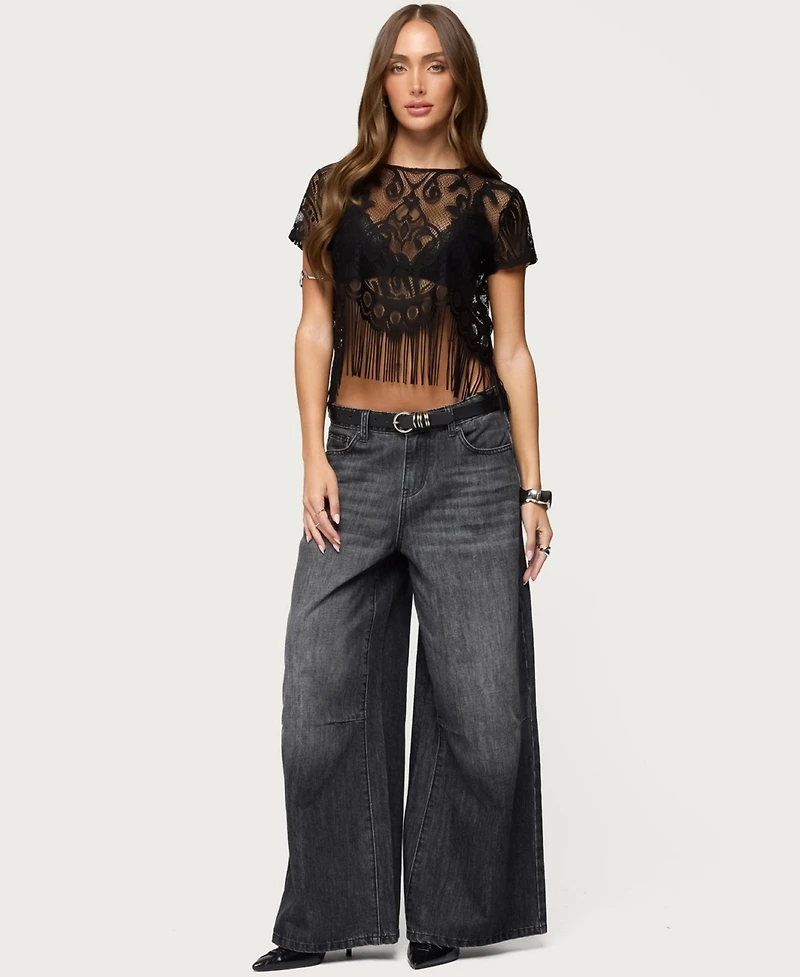 Edikted Women's Kira Sheer Lace Fringe Top