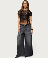 Edikted Women's Kira Sheer Lace Fringe Top