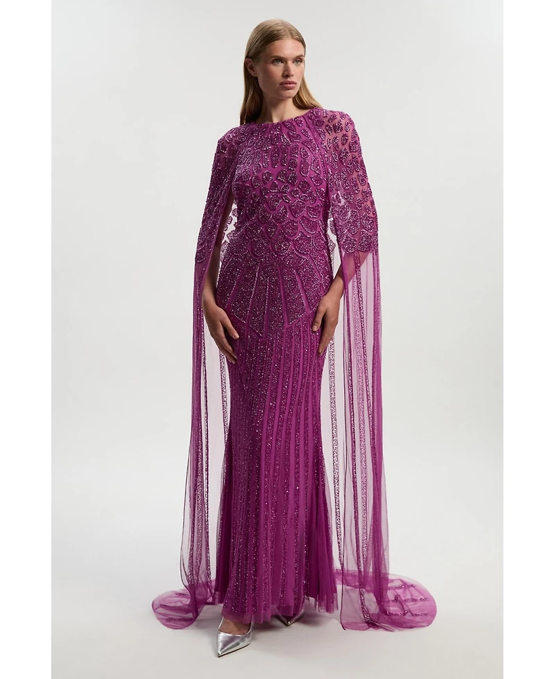 Karen Millen Women's Premium Embellished Caped Maxi Dress