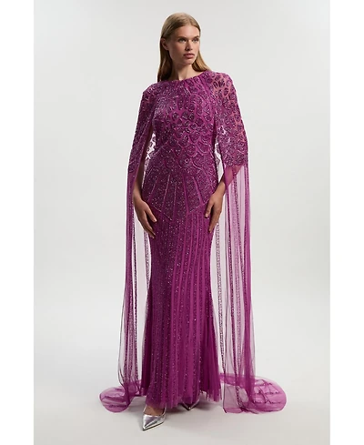 Karen Millen Women's Premium Embellished Caped Maxi Dress