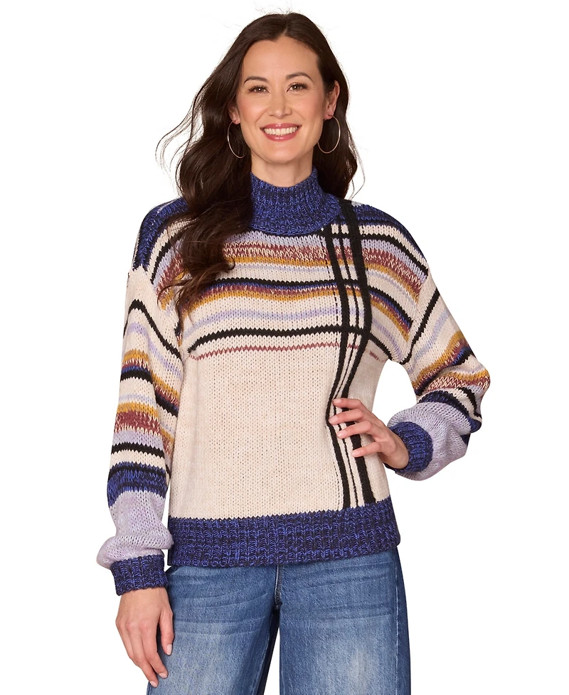 Democracy Women's Long Sleeve Mock Neck Stripe Sweater