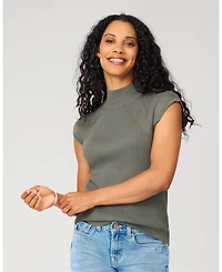 Cable & Gauge Women's Ribbed Mockneck Cap Sleeve Sweater
