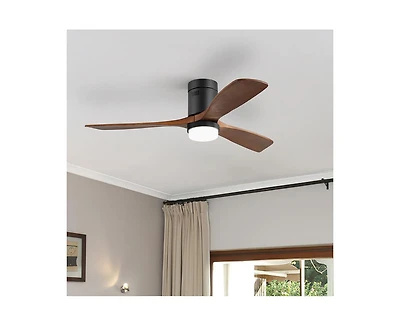 52-inch Modern Black 3 Solid Wood Blades Flush Mount Tri color Adjustable Ceiling Fan Light with Remote Control