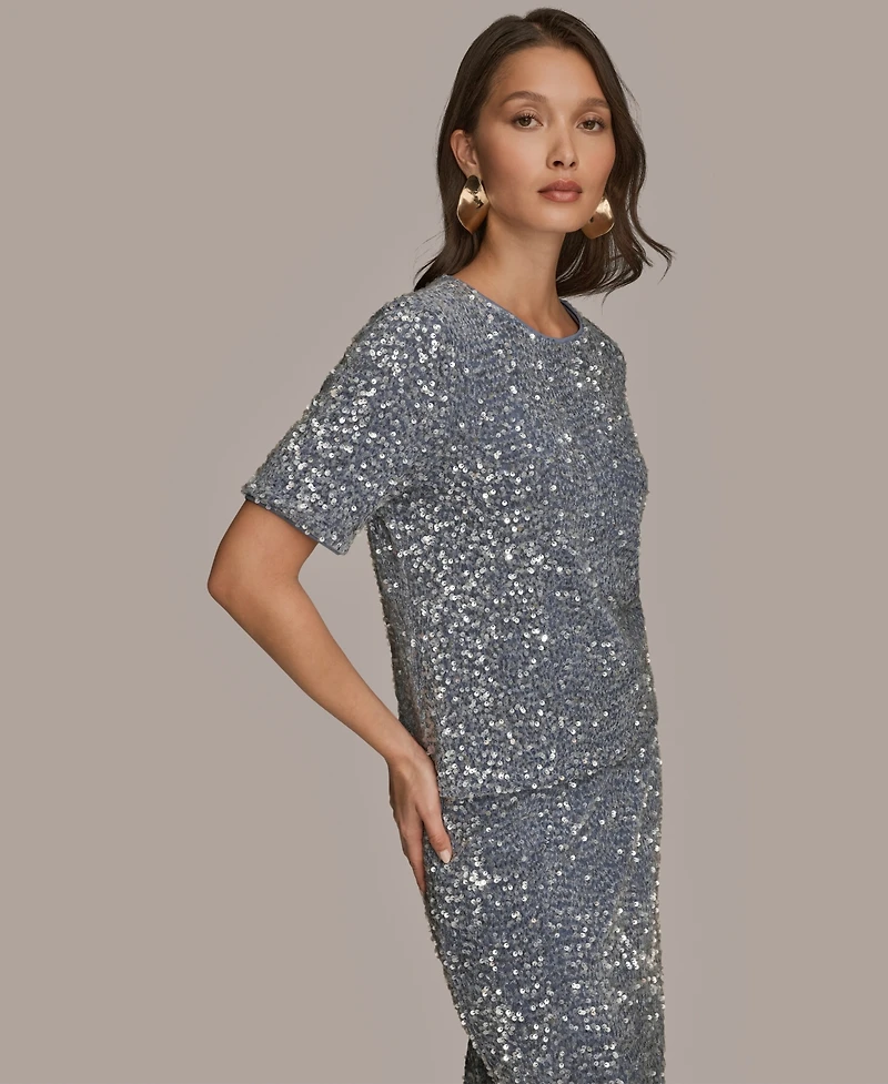 Donna Karan New York Women's Embellished Sequin Short Sleeve Crewneck Top