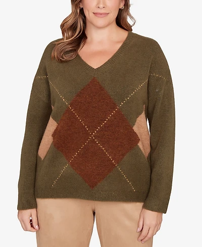Hearts Of Palm Plus Size Argyle Long Sleeve V-Neck Sweater
