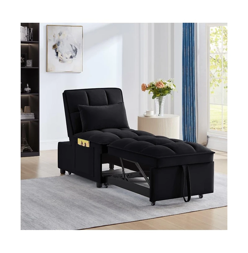 Maison Boucle 4-in-1 Single Velvet Pull-Out Sleeper Chair Bed with Adjustable Backrest, Side Pocket & Pillow for Small Spaces-Maison