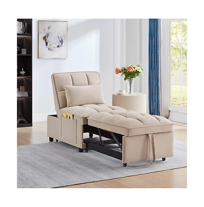 Maison Boucle 4-in-1 Single Velvet Pull-Out Sleeper Chair Bed with Adjustable Backrest, Side Pocket & Pillow for Small Spaces-Maison