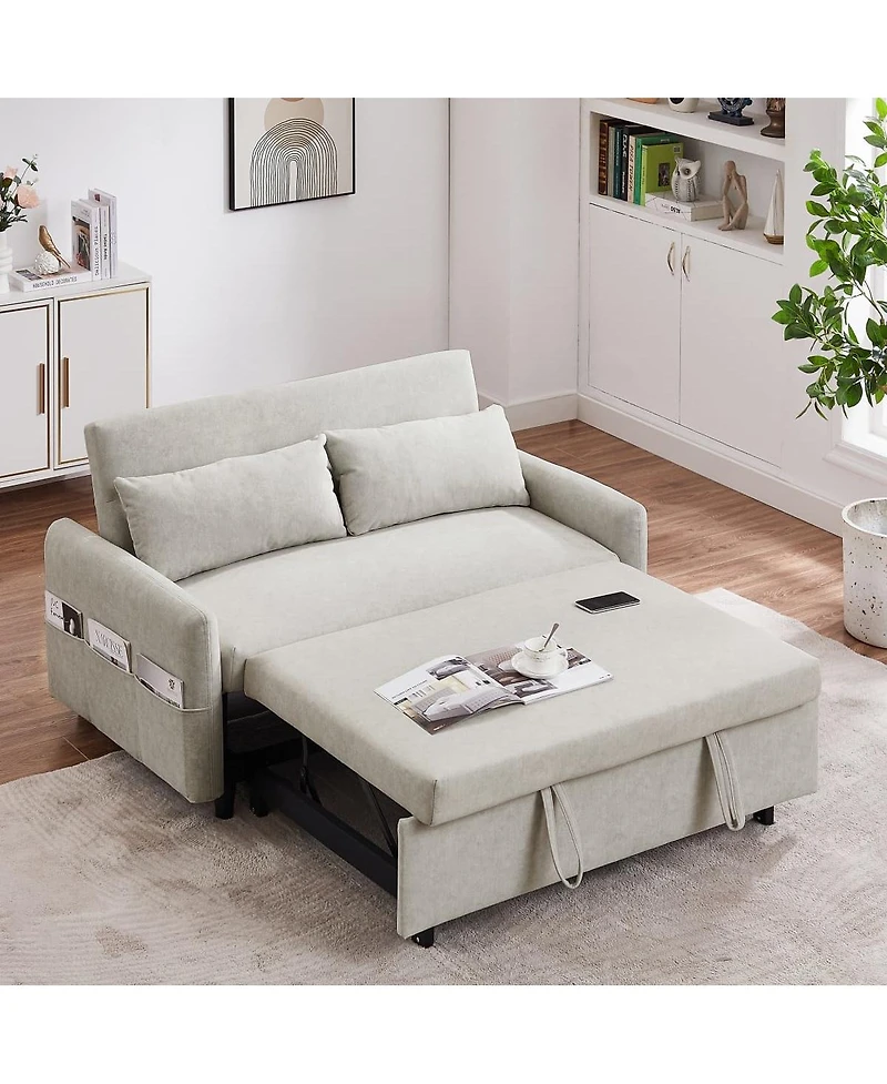 Maison Boucle 55" Convertible Sleeper Loveseat, Pull-Out Sofa Bed with Adjustable Back, Usb A/C Ports & Side Pockets for Small Living Spaces-Maison Bo