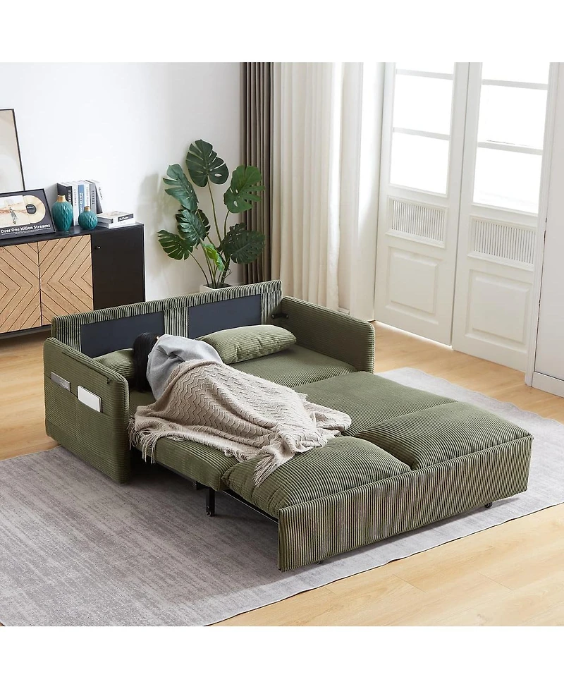 Maison Boucle 64.5 Inch 3-in-1 Corduroy Pull-Out Sleeper Sofa, Adjustable Loveseat Bed with Storage Pockets & 2 Pillows-Maison Boucle