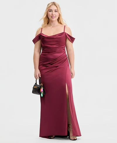 B Darlin Trendy Plus Off-The-Shoulder Satin Gown