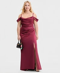 B Darlin Trendy Plus Off-The-Shoulder Satin Gown