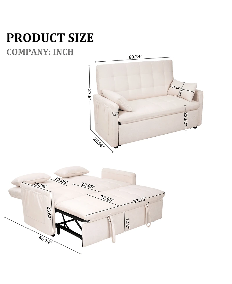 Maison Boucle 61'' Tufted Convertible Sofa Bed, Pull-Out Sleeper Loveseat with Adjustable Backrest, Side Storage & Smooth Wheels for Small Spaces-Mais